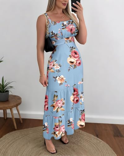 Image of CHICME Summer Dresses for Women 2026 Sleeveless Casual Boho Maxi Dress Square Neck Cut Out Floral A Line Dress