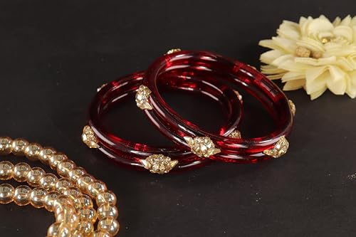 Image of NMII Diamond Glass Bangles Crystal Kada Set For Women & Girls Adorned with Golden Zircon Stones | Trending Girls Bangles Bracelet | Transparent Chudi Kangan For Wedding, Party, Daily, Ethnic- Set of 2