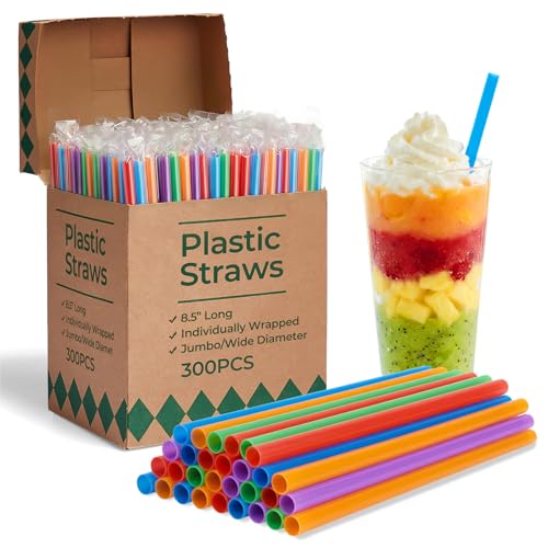 Glotoch Plastic Straws Disposable 300PCS 8.5 Long Jumbo Smoothie & Boba Straws Individually Wrapped Drinking Straws Assorted Colors for Milkshakes Bubble Tea & Party Cups