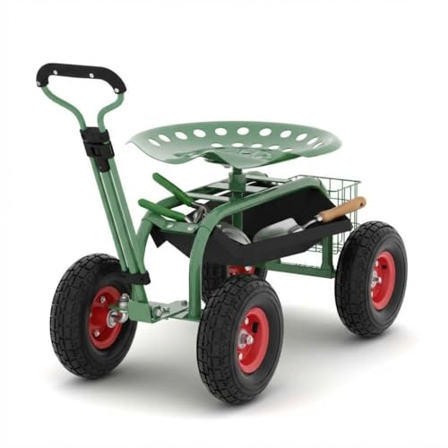 CuisinSmart Garden Cart with Seat on Wheels, Rolling Gardening Stool with 360° Swivel Seat, Steering Handle & Large Utility Tool Tray for Planting, W