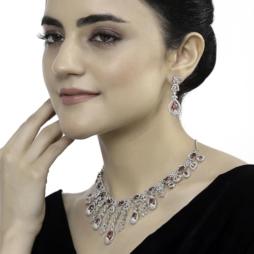 Image of ZENEME Rhodium-Plated Silver-Toned Emerald-Cut American Diamond Floral Link Necklace Set with Pear Drop Earrings for Women & Girls