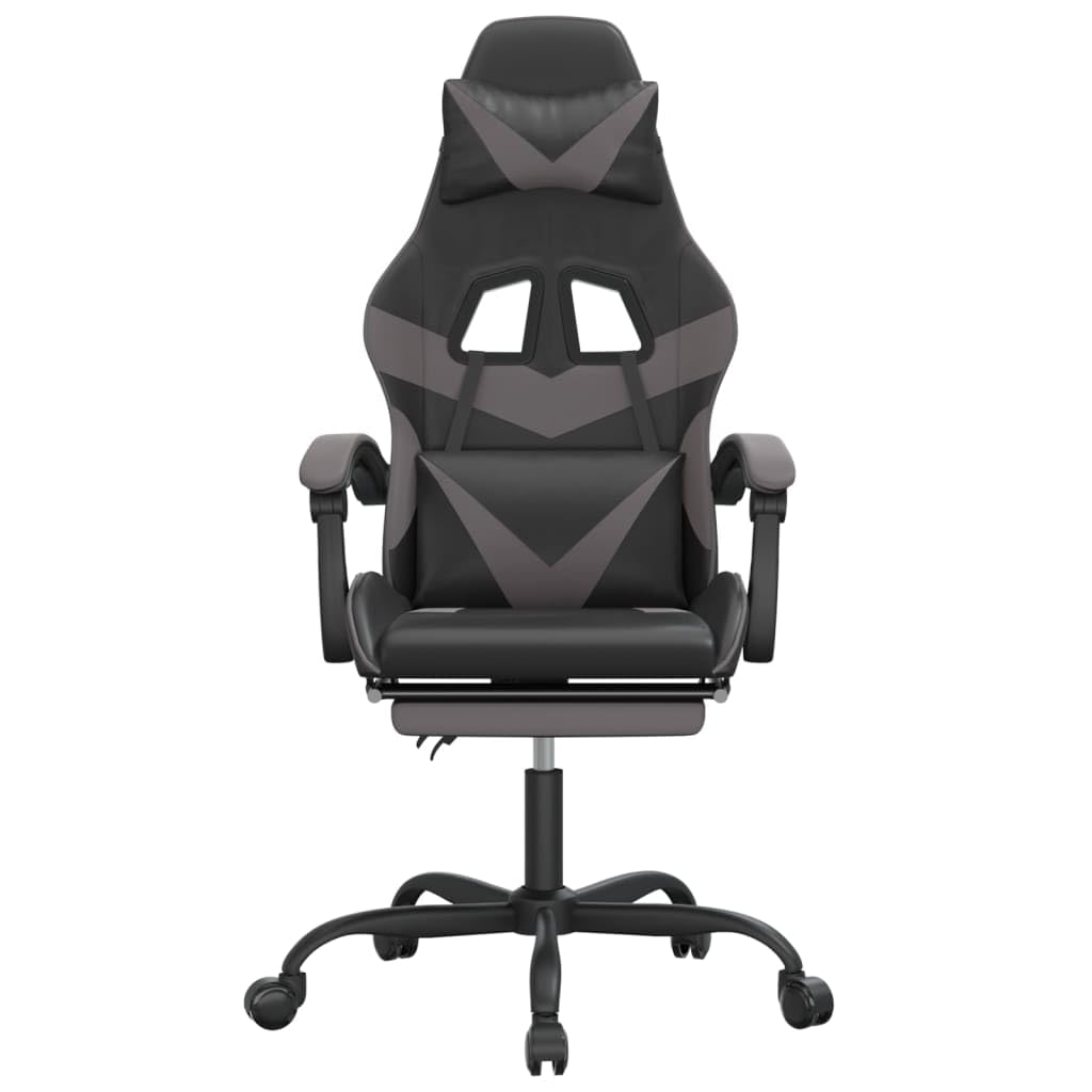 Gaming-Stuhl mit Fußstütze Schwarz Grau Kunstleder Ergonomisch Drehbar Höhe verstellbar mit Wippfunktion für Homeoffice Jugend PC Esport Komfortabel