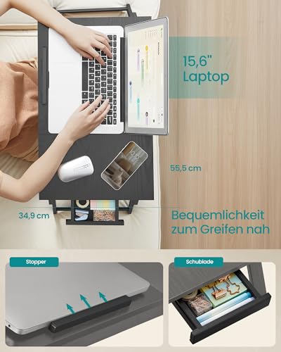 SONGMICS Laptoptisch für Bett, Laptopständer, Winkel & höhenverstellbar, klappbare Beine, für Laptops bis 15,6 Zoll, Arbeiten, Lesen Bambusbeine, Schublade, 55,5 x 34,9 cm, ebenholzschwarz LLD105BE01