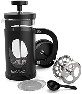 bonVIVO Cafetiere - GAZETARO I 350ml, 3 Cup, Stainless Steel French Press Coffee Maker w/ Bonus Scoop and Replacement Filter Mesh - Heat-Resistant Coffee Press - Gifts for Women and Men Black