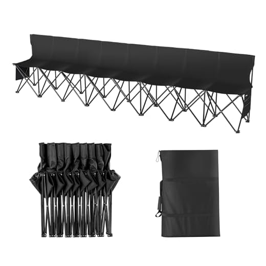 VEVOR Portable Folding Bench, 8 Seats Foldable Sideline Bench, Outdoor Camping Bench Chair with Carry Bag & Backrest, Team Sport Sideline Bench for Football Fishing, No Assembly Instant Seating, Black