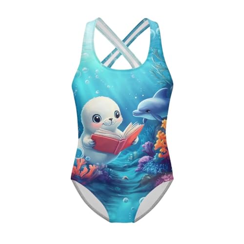 Whale and Axolotl Swimsuits Girls Bathing Suit One Piece Crossback Beach Swimwear for Kids 5-16