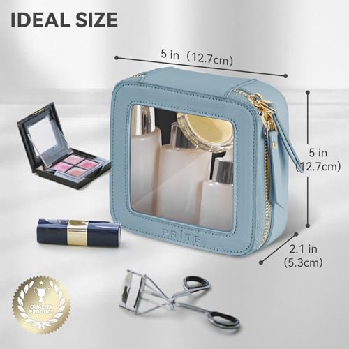 Prite Small Makeup Bag for Women Portable Clear Makeup Bag Cute Mini Waterproof Travel Cosmetic Bag with Gold Zipper for Car Essentials(Blue) — view 3