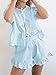 Sotimoon Womens Ruffle Short Sets 2 Piece Outfits Fashion Summer Short Sleeve Tie Front Top and Shorts Cotton Pajama Set Blue