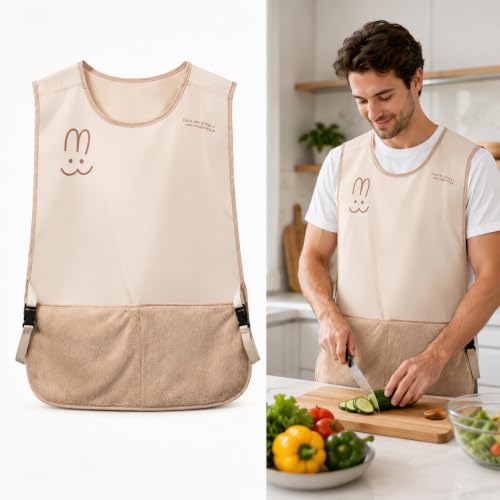 Image of PUJI 1 Pcs Women Kitchen Apron with Hand Wipe Pockts, Big Pocket,Hand-wiping, Waterproof for Cooking Baking,Center Pocket Hand Towel Women and Men (1 Pcs)