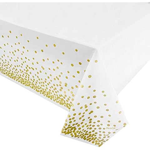 DECOSTYLE 6 Pack Plastic Tablecloth for Parties, Party Table Cloths Disposable, Stylish Design, Gold Dots Decorations, White, Waterproof, Rectangular Table Cover, 54 Inch x 108 Inch Cover