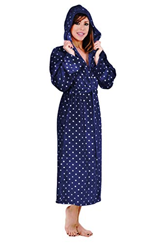 Hoodie Robe Plush Hooded Robe Spa Bathrobe Hoody Robe Long Robe AM (Small, Indigo Blue Polka Dot)