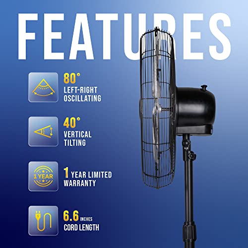 Tornado 20 Inch High Velocity Metal Oscillating Pedestal Fan Commercial, Industrial Use 3 Speed 5000 Cfm 1/6 Hp 6.6 Ft Cord Ul Safety Listed #TOP3