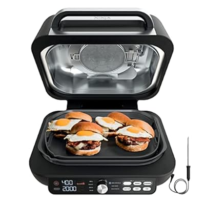 Ninja IG651 Foodi Smart XL Pro 7-in-1 Indoor Grill/Griddle Combo, use Opened or Closed, Air Fry, Dehydrate & More, Pro Power Grate, Flat Top, Crisper, Smart Thermometer, Black