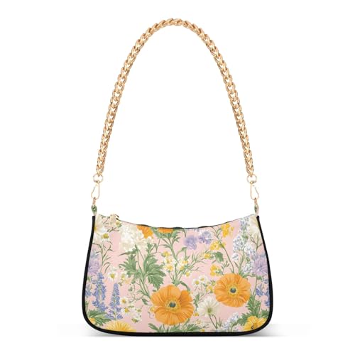 Clutch Shoulder Bags Tote Evening Purse Handbags for Women Orange Floral Flower Hobo Bags with Zipper Closure