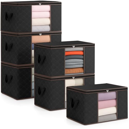unycos - Cajas para Almacenaje de Ropa x 6【90L】 Bolsas Plegables con Ventana Transparente, Doble Cremallera y Asas Reforzadas, Organizador de Toallas, Edredones, Juguetes | Hasta 13 kg (Black/Coffee)