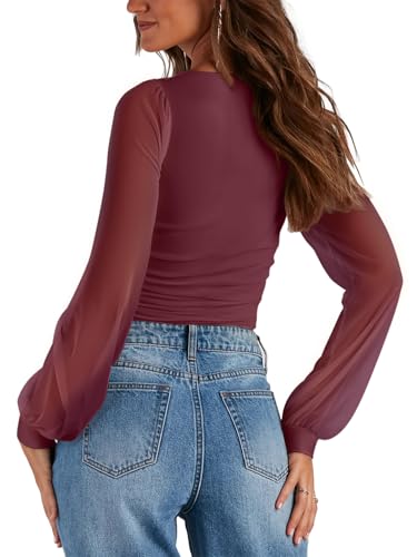 Image of PINKMSTYLE Women's Square Neck Double Lined Mesh Long Sleeve Bodysuits | Sheer Puff Sleeve Body Suit,Slim fit Trendy Going Out Tops,Concert Outfit