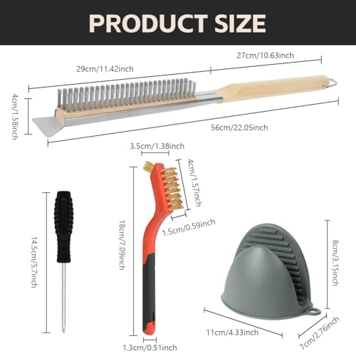 OFFCUP Pizzaofen Bürste 56cm mit Stahlschaber und Kratzfeste Edelstahl Borsten Grillbürste, Holzgriff Pizzastein Bürste Set Grill Reinigungsbürste für Gasgrill Holzkohlegrill