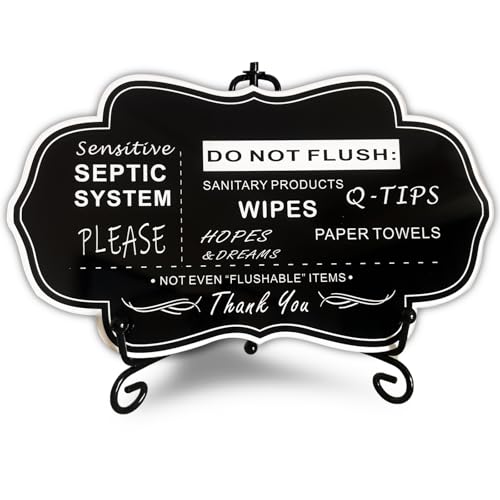 Do Not Flush Rules Sign for Bathroom,RAMIEYOO Designer Septic System Bathroom signs with stand for Home,Business or RV,Cabin (Black)