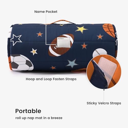 Image of PHF Soft Toddler Nap Mat with Removable Pillow, Rollup Design Kids Sleeping Mat, Slumber Bags for Boys, 55 inchx23 inch Toddler Sleeping Bag for Daycare Preschool Travel Camping, Ball