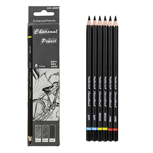 Pacific Arc Premium Charcoal Drawing Pencils for Artists - 6 pieces Soft Medium and Hard - Charcoal Pencils for Drawing, Sketching and Shading - Great Non Toxic Art Supplies Set for Adults and Kids