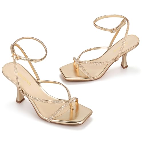 Image of Carcuume Womens Kitten Heels Square Toe Thong Strappy Ankle Strap Stiletto Heel Sandals