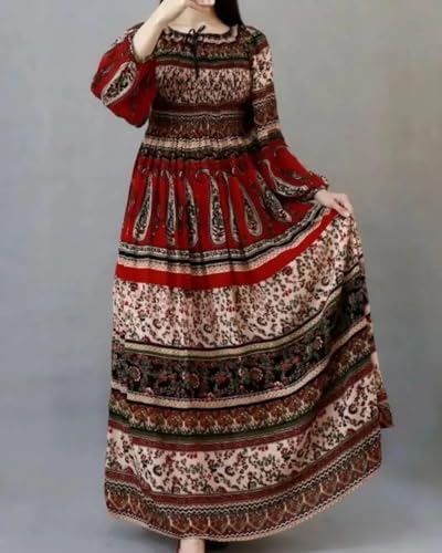 Image of Women's Cotton Dress Jaipuri Sanganeri Print Midi Long Dress Printed Fit and Flare Maxi Dress A-Line Gown Dress Maxi Skirt, Mandala (Free Size)