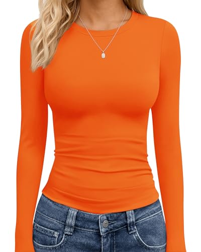 TNNZEET Orange Long Sleeve Shirt Woman Fall Fashion Winter Clothes Basic Tees Y2K Workout Going Out Top School Outfits 2026