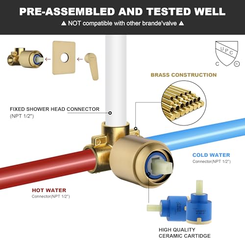 Set de cabezal y válvula de ducha Gold, instalación de pared, cuadrado de 8 pulgadas, chorro único, mezcla para baño (1.8 GPM) miniatura 6