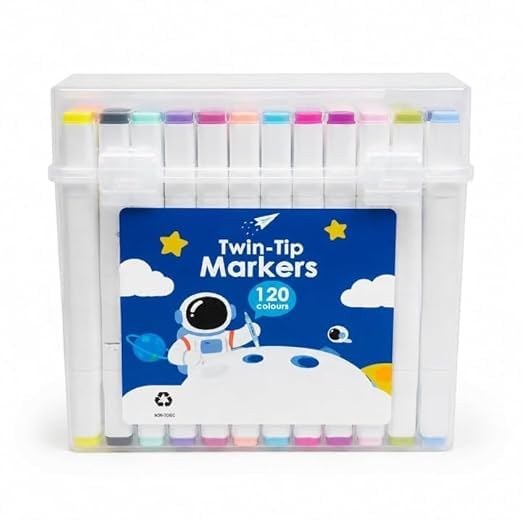 Image of Twin-Tip Marker Pens Set | Dual Tip Art Markers with Fine & Broad Nibs | Assorted Color Sketch Pens with Storage Case for Drawing, Coloring, School Projects, Kids & Adults (Pack Of 120)