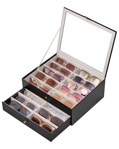 Lolalet 20 Slots Sunglasses Organizer Box, Eyeglasses Eyewear Display Case for Multiple Pairs of Glasses Collection Holder for Men Women -2 Layers, Black