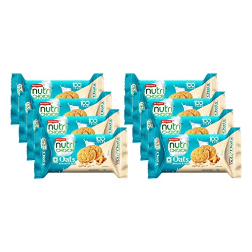 Britannia NutriChoice Oats Almond Milk 2.64oz (75g) - Crispy, Crunchy Tea Moments - Breakfast & Tea Time Snacks (Pack of 8)