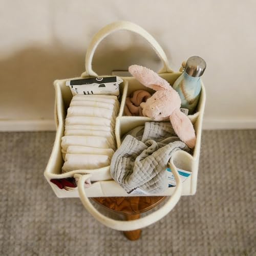 Diaper Caddy Organizer, Nursery Storage Bin Basket with Handle, Felt Diaper Organizer Suitable for Indoor Outdoor, White - 4