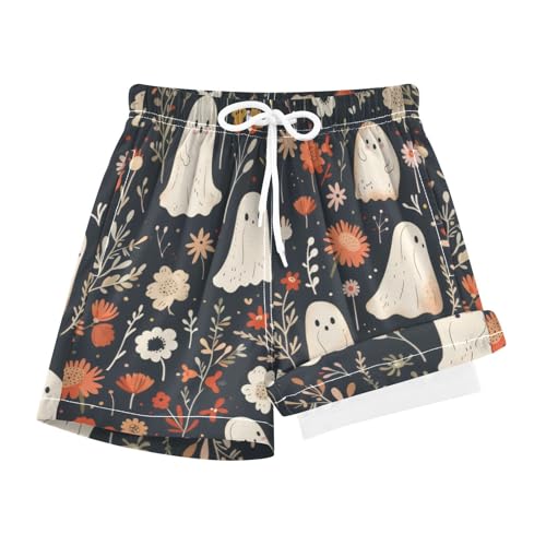 FLildon Halloween Cute Ghosts Boys Swim Trunks with Compression Liner Quick Dry Bathing Bottom Kids Beach Shorts, 12-13 Years