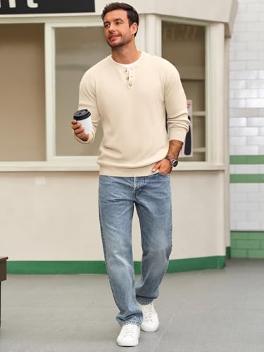 Runcati Mens Henley Knit Sweater Long Sleeve Quarter Button Pullover Sweaters Casual Fall Tops4