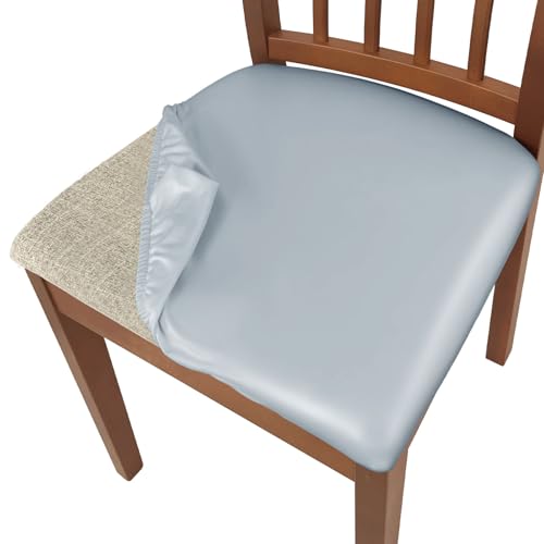 Image of WENZMOC PU Leather Seat Covers for Dining Chairs, 4 Pack 100% Waterproof Dining Room Chair Seat Covers Stretch and Wipeable Kitchen Chair Cover Protectors (PU Grey, 4 PCS)
