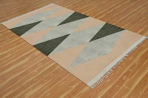 Tapis couloir géométrique coton lavable supprime saleté sol beige vert - 5