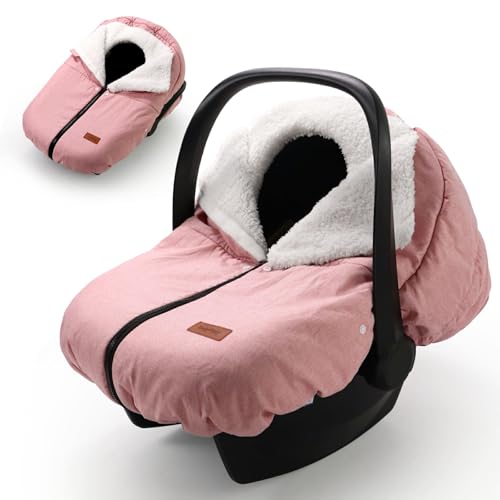Image of TinlyFinly Winter Car Seat Cover for Baby Car Seat and Stroller, Cold Weather Infant Carseat Canopy, Waterproof and Easy Access, Protect Baby Boys Girls from Cold Wind (Pink)