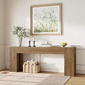 Extra Long Sofa Console Table for Entryway 79-Inch, Natural Oak | Farmhouse Wood Behind Couch Table, Rectangular Accent Console with Wooden Double Base for Living Room, Hallway