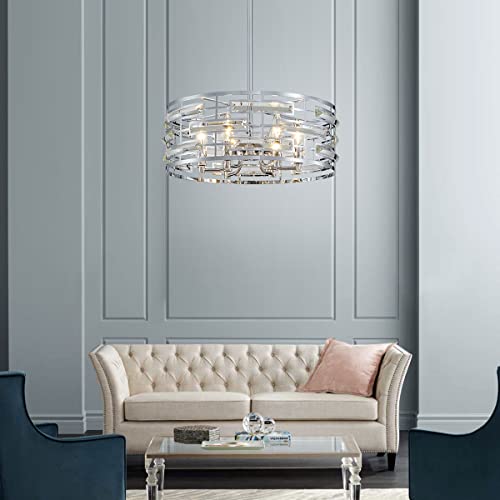 Saint Mossi Modern K9 Crystal Chandeliers, Drum Pedant Light Fixture for Living Space, D18 x H24, Adjustable Chains 59", Chrome Finish Metal Frame