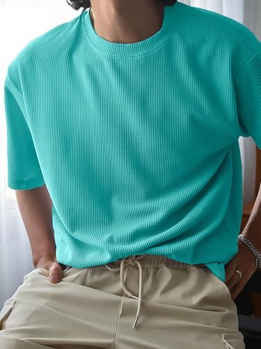 Image of Men's Oversized Ribbed Textured T-Shirt | Premium Knit Fabric | Relaxed Fit | Half Sleeve Crew Neck Casual Solid Tee