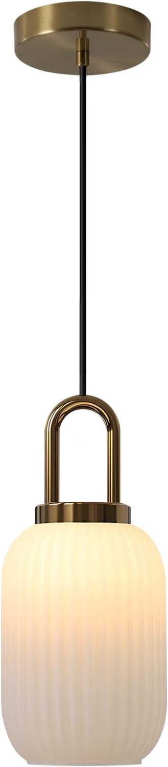 Modern Gold Pendant Light with White Ribbed Frosted Glass Shade, Adjustable Height Mid-Century Modern Hanging Lamp, Brushed Brass Finish Light Fixture for Kitchen Island, Dining Room, Bedroom