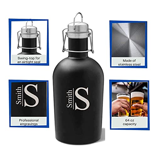 Personalized Beer Growler (Black Matte, Stamped Design), 64 Oz Stainless Steel Single Wall Bottle Ideal For Camping, Travel - Unique Wedding Groomsmen Gift #TOP2