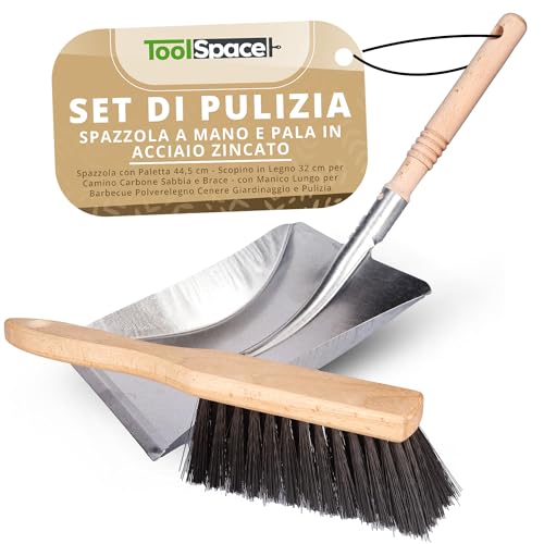 ToolSpace Spazzola con Paletta 44,5 cm - Scopino in Legno 32 cm per Camino Carbone Sabbia e Brace - con Manico Lungo per Barbecue Polverelegno Cenere Giardinaggio e Pulizia - Scopa Piccola per Auto