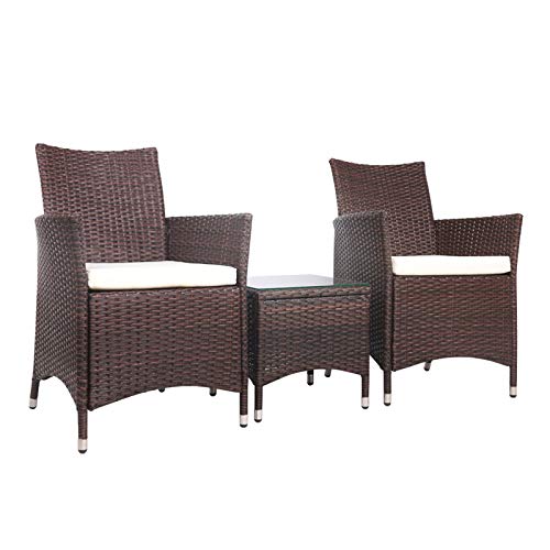 Gardeon 3pcs Wicker Patio Furniture, Bistro Set Table and Chairs Outdoor Lounge Setting Conversation Sets Dining Chair Garden Backyard, Cushion with Rattan Coffee Table Glass Tabletop Black