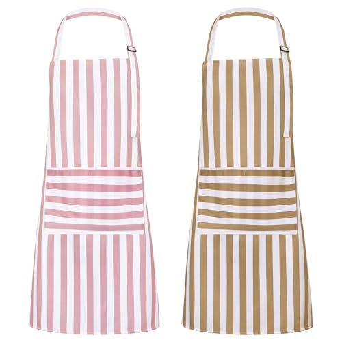 Image of saerryor 2 Pack Unisex Adjustable Bib Apron with Pockets Cooking Kitchen Chef Women Men Aprons for Home Kitchen,Restaurant,Coffee House,Pink,Brown