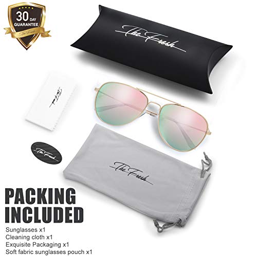 Image of The Fresh Classic Aviator Sunglasses for Men Women, Metal Frame Mirror Lens, Pilot Style, Includes Cleaning Cloth, Pouch