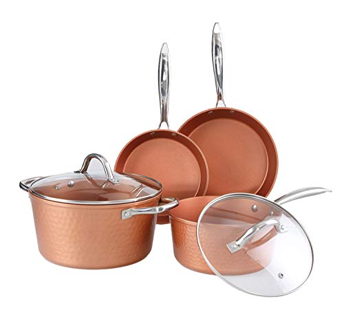 Hammered Copper Pots and Pans Set - Induction Dishwasher Safe Kitchen Nonstick Cookware Sets