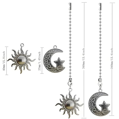 Image of Silver Sun and Moon Zipper Extensions for Ceiling Fans and Lamps, with Ball Chain connectors, 30.48 cm Totem Bohemian Pendant Extender Decorations, 2 Pieces. (Silver)