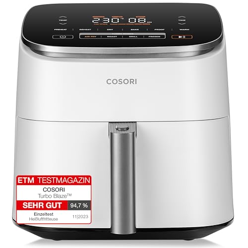 Cosori Turboblaze Heißluftfritteuse Airfryer 9-in-1 Air Fryer XXL 6L leiser DC Motor mit 5 Geschwindigkeitsstufen Grillen Backen Gären Dehydrieren 87 Rezepte 64% energiesparend Weiß