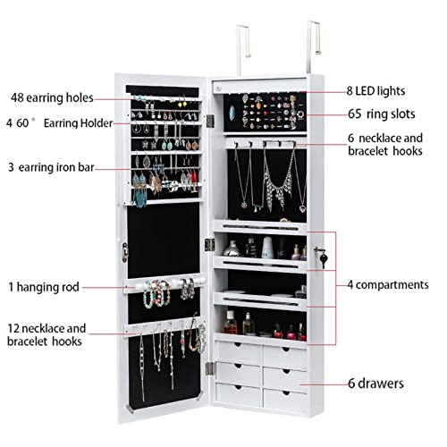 Mirror Jewelry Cabinet Armoire Organizer Hanging Jewelry Box Cabinets With Length Mirror Led Light And Door/Wall Mounted, Mirror Jewelry Holder Organizer Storage With Lockable, White #TOP4